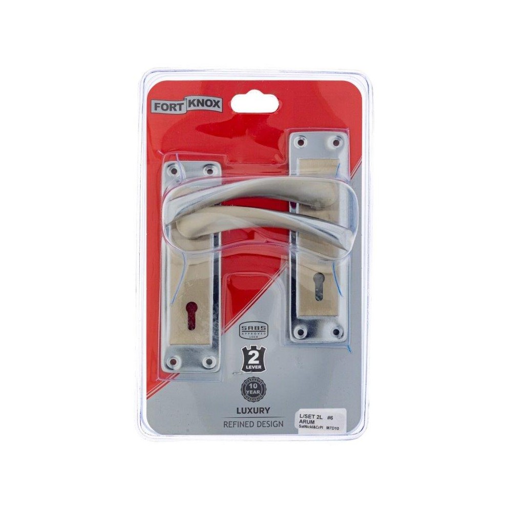 Fort Knox ARUM Satin Nickle Chrome 6” Handles & 2-Lever Mortise Lock, - Cashbuild Fort Knox ARUM Satin Nickle Chrome 6” Handles & 2-Lever Mortise Lock, - Cashbuild