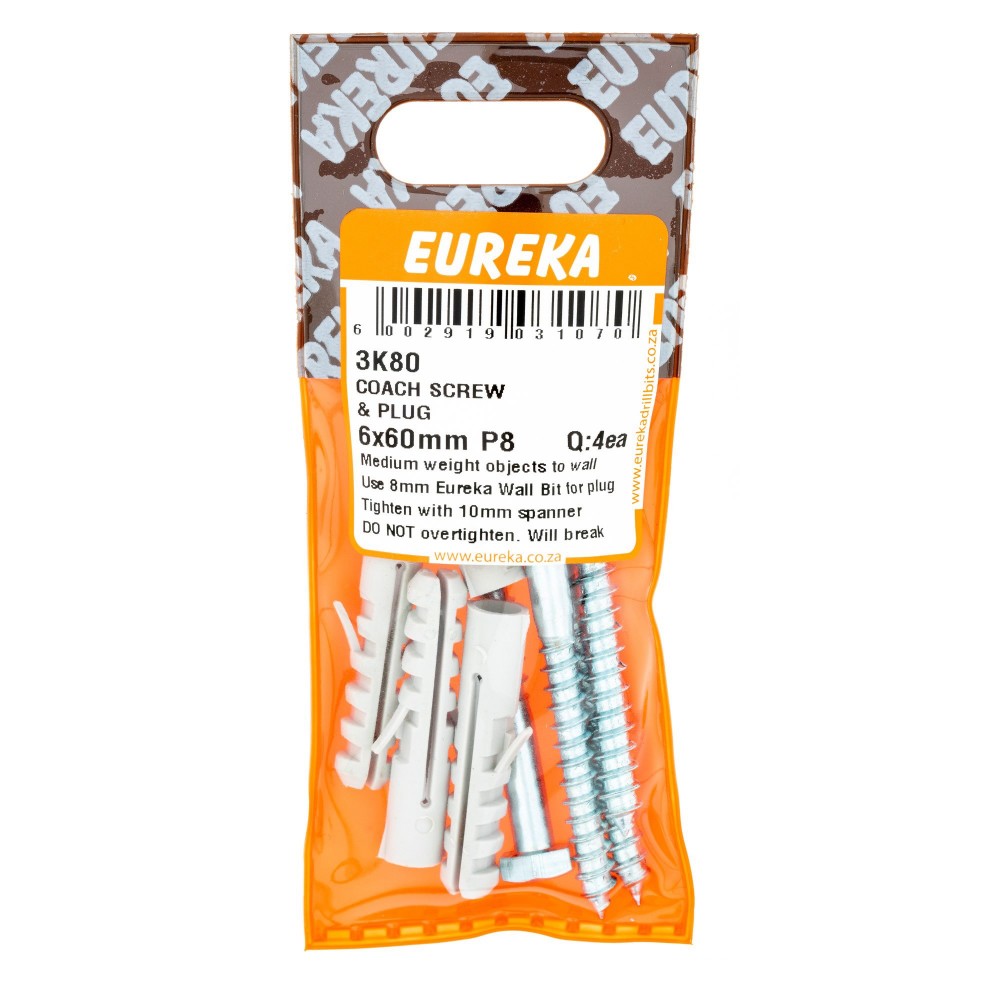 Eureka Coach Screw & Plug 6X60mm P8 Quantity:4, EUREKA - Cashbuild Eureka Coach Screw & Plug 6X60mm P8 Quantity:4, EUREKA - Cashbuild