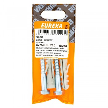 EUREKA COACH SCREW AND PLUG 8x75mm P10 Quantity:2ea - Cashbuild