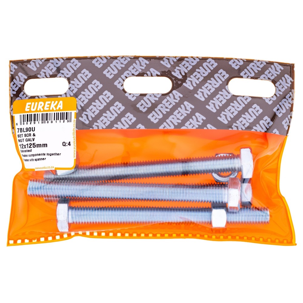 Eureka Set Screw & Nut Galvanised 12X125mm Quantity:4, EUREKA - Cashbuild Eureka Set Screw & Nut Galvanised 12X125mm Quantity:4, EUREKA - Cashbuild