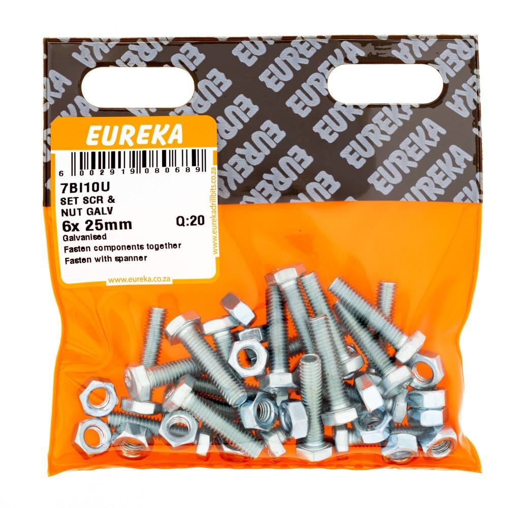 Eureka Set Screw & Nut Galvanised 6X 25mm Quantity:20, EUREKA - Cashbuild Eureka Set Screw & Nut Galvanised 6X 25mm Quantity:20, EUREKA - Cashbuild