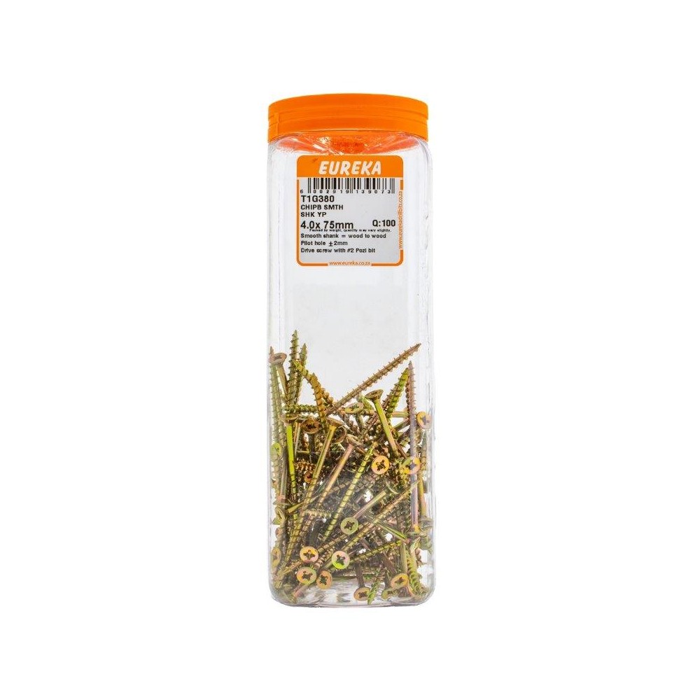 Eureka Chipboard Screw Yellow Passivated 4.0X75mm Quantity:100, EUREKA - Cashbuild Eureka Chipboard Screw Yellow Passivated 4.0X75mm Quantity:100, EUREKA - Cashbuild