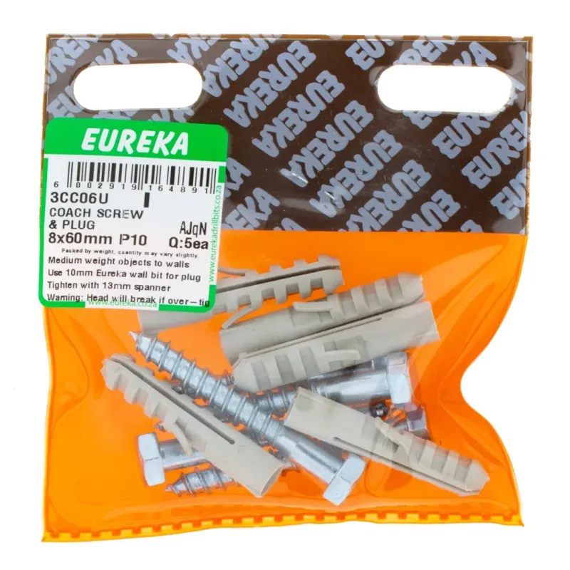 Coach Screw 8 X60mm + Wall Plug Quantity:5Ea, EUREKA - Cashbuild Coach Screw 8 X60mm + Wall Plug Quantity:5Ea, EUREKA - Cashbuild