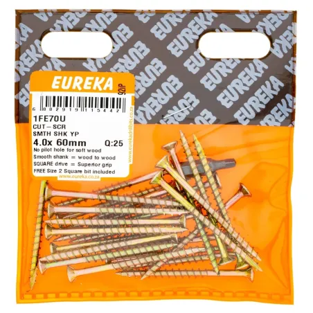 Eureka Chipboard Cut Screw Smooth Shank Yellow Passivated 4.0X60mm Quantity:25, EUREKA - Cashbuild