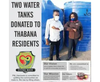2 tanks donated by P&L Hardware for Thabana residents